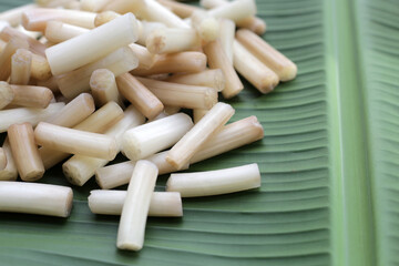 Fresh lotus rootlet on banana leaf