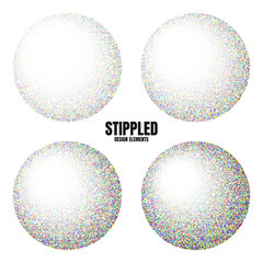Round shaped dotted objects, vintage stipple elements. Fading gradient. Stippling, dotwork drawing, shading using dots. Colored disintegration effect. Noise grainy texture. Vector illustration