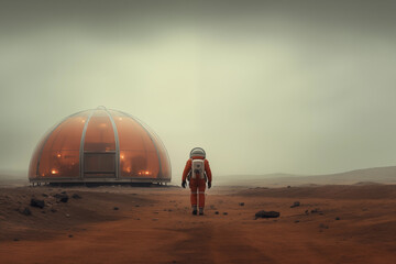 Red Planet Stroll: Astronaut Walking Toward Martian Habitat in the Hazy Martian Horizon
