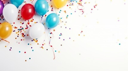 party balloons and confetti with solid white background