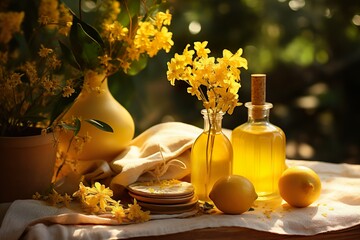 Yellow concept flowers and essence bottle with a soft and cozy atmosphere