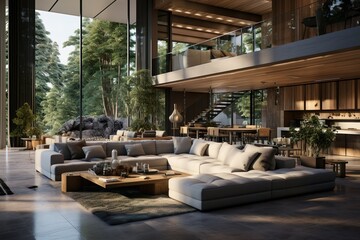 Fototapeta premium Interior of a spacious luxury pension with beige furniture in the mountains