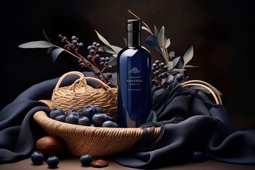 Fototapeta na wymiar Blueberries and essence bottle in a basket