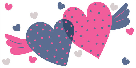 Banner two Hearts with wings and with dots, little hearts in doodle style on Valentine's Day. Vector hand drawn illustration done in black, blue, pink, beige colors. Isolated on white background