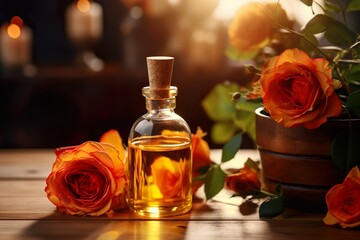 Soft rose and essence in a glass bottle