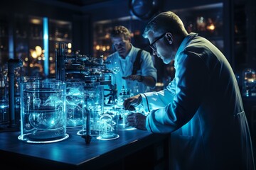 A laboratory with a blue tone color concept being studied in a laboratory.