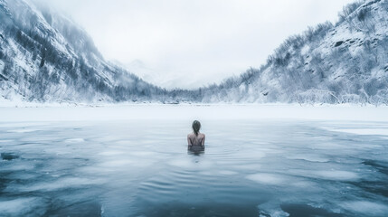 a woman hardens herself in a winter frozen lake in a mountain nature - Powered by Adobe