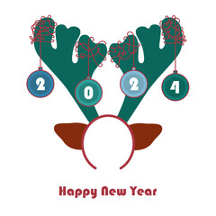 Happy New Year 2024 card with reindeer antlers headband on white background vector illustration