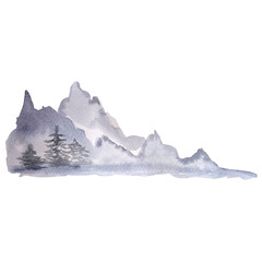 Fototapeta na wymiar Mountains and spruces. Hand drawn in watercolors. Isolated on a white background. Blurred landscape. Design element. Gray and blue color. Used for cards, stickers, posters, backgrounds.