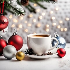 Fototapeta na wymiar Coffee cup with Christmas ornaments and decoration on white background