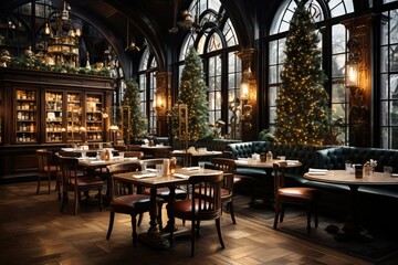 festive christmas caffe with decorated christmas trees.