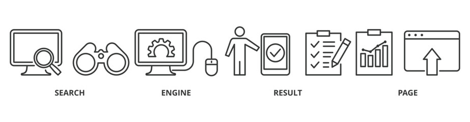 SERP banner web icon vector illustration concept for search engine result page with icon of web search, computer, search engine, mobile search, page result, and statistics graph