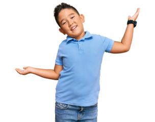 Little boy hispanic kid wearing casual clothes clueless and confused expression with arms and hands raised. doubt concept.