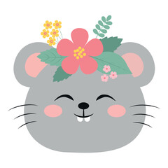 Cute funny smiling mouse face. Cartoon forest animal with flowers. Vector illustration isolated on white background