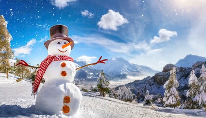 Panoramic view of happy snowman in winter secenery with copy space	
