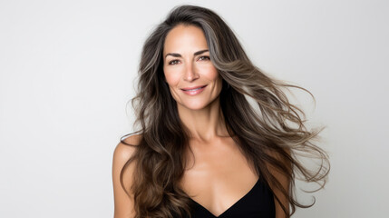 Naklejka premium Beautiful blond 45 yo woman in move with a perfectly smooth hair, and classic make-up. Beauty face. Picture taken in the studio.