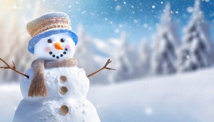 Fototapeta premium Panoramic view of happy snowman in winter secenery with copy space