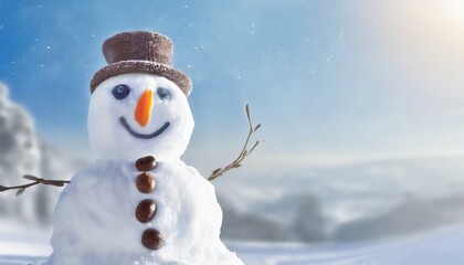 Obraz premium Panoramic view of happy snowman in winter secenery with copy space 