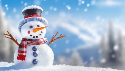 Obraz premium Panoramic view of happy snowman in winter secenery with copy space 