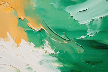 expressive abstract oil painting with prominent white, green, and gold strokes against a textured backdrop.