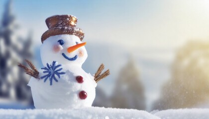 Panoramic view of happy snowman in winter secenery with copy space 