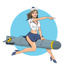 Sailor woman riding a torpedo bomb. Retro style pinup marine corps girl vector illustration.