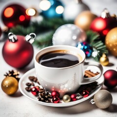 Obraz premium Coffee cup with Christmas ornaments and decoration on white background