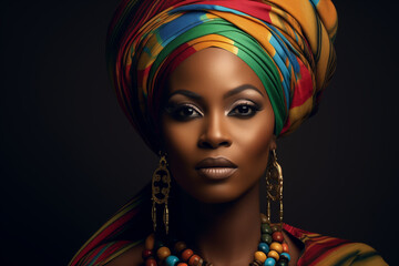 Naklejka premium Portrait of African woman with a colorful traditional shawl on her head