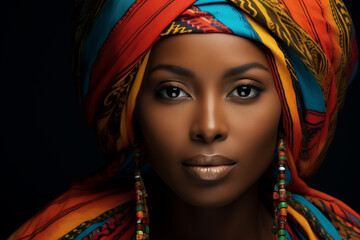 Portrait of African woman with a colorful traditional shawl on her head