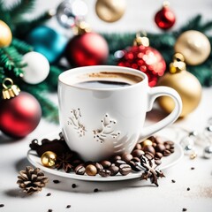 Coffee cup with Christmas ornaments and decoration on white background