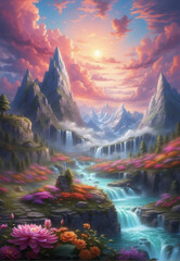Fototapeta premium surreal landscape, river, forest, mountains, bright colors