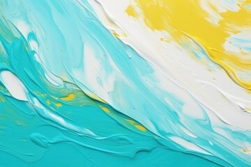 abstract painting with dynamic strokes of cyan, white, and yellow, blending together to create a fresh and vivid artistic piece.