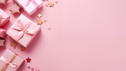 Pastel Pink Gift Boxes with Elegant Satin Bows and Golden Stars - Festive Holiday Background for Celebrations and Greetings