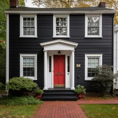 Black trim windows and red front door on white house - obrazy, fototapety, plakaty