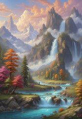 surreal landscape, river, forest, mountains, bright colors