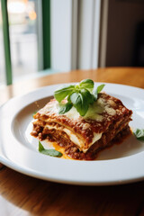 Peace of traditional lasagna with bolognese topped with basil in font of the window in restaurant