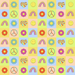 Classic retro elements from the 80s and 90s. A set of bright illustrations - a stereo tape recorder and CDs, sneakers, cassettes, bright flowers and smiley faces, a lollipop. Vector. For flyers