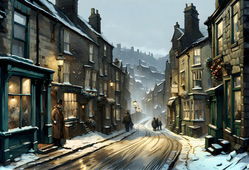 street view of an old fashioned english northern town in winter at twilight with old stone houses and shop buildings covered in snow and a people in the street