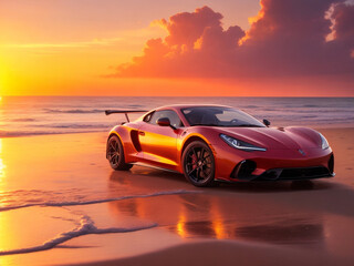 Fototapeta na wymiar Sport car on the beach at sunset.