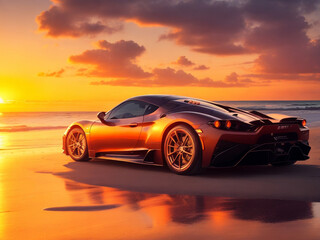 Fototapeta na wymiar Sport car on the beach at sunset