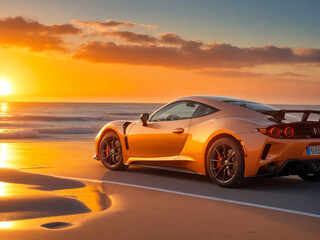 Fototapeta na wymiar Sport car on the beach at sunset