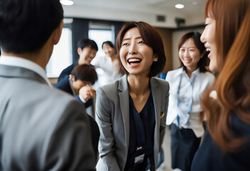 Obraz premium チームビルディング活動中の明るい瞬間を共有する日本人の率直なスナップショット