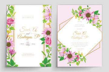 pink floral with greenery leaves wedding invitation card