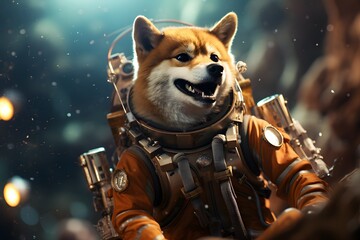 Fun and Playful Dogecoin Doge Riding Jetpack to the Moon - obrazy, fototapety, plakaty