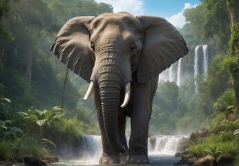 a big elephant in the woods near a body of water.