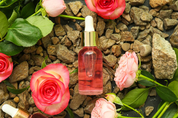 Bottle of essential oil, rose flowers and stones as background