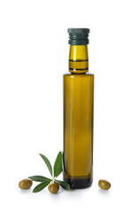 Glass bottle with olive oil and leaves on white background
