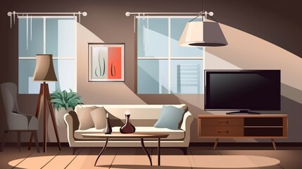 Modern Living Room Interior With Television Set Sofa Armchair Floor Lamp And Coffee Table
