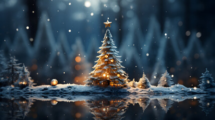 Christmas tree in the winter forest with blurry background and copy space