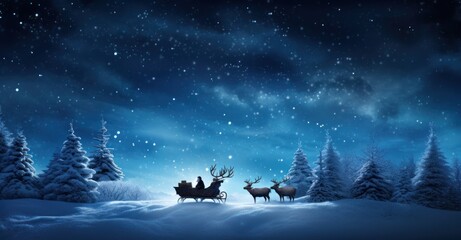 Santa Claus, expansive winter sky, gracefully guiding his sleigh pulled by six reindeer - obrazy, fototapety, plakaty